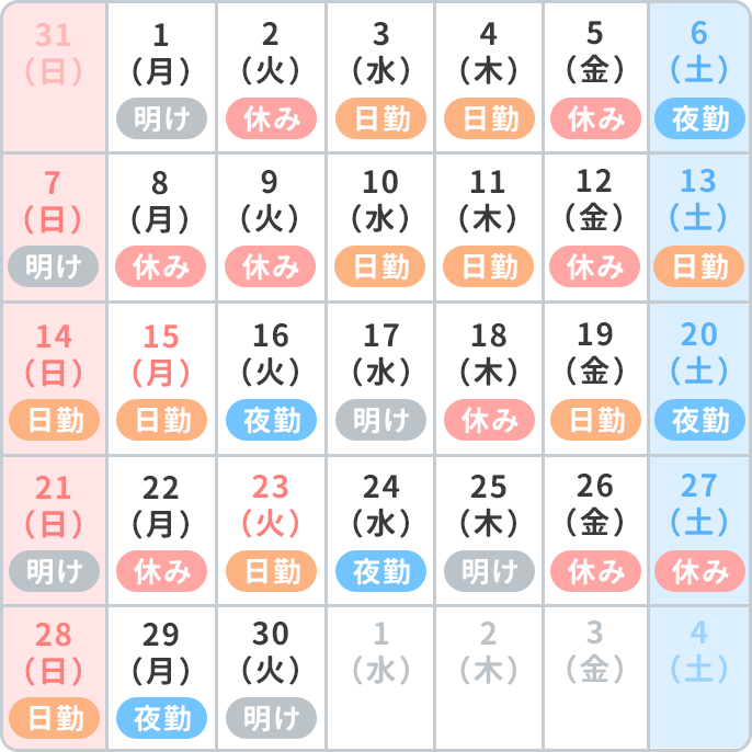 2交代制勤務の1カ月のシフトカレンダー