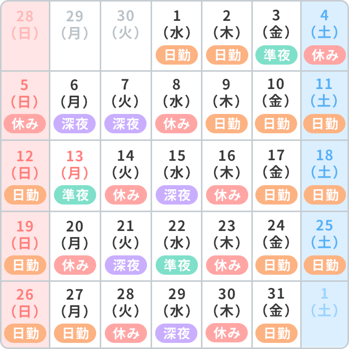 3交代制の1カ月のシフトカレンダー