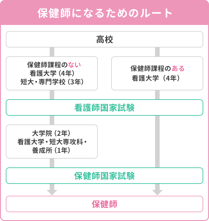 高校卒業から保健師国家試験合格までの教育ルートを示すフローチャート。大きく分けて2つのルートが示されている。

ルート1（保健師課程がある大学の場合）：
高校卒業後、保健師課程のある看護大学（4年）に進学。在学中に看護師国家試験と保健師国家試験の両方を受験し、保健師となる。

ルート2（保健師課程がない学校の場合）：
高校卒業後、保健師課程のない看護大学（4年）や短大・専門学校（3年）に進学。まず看護師国家試験を受験し、その後さらに大学院（2年）や看護大学・短大専攻科・養成所（1年）で学び、保健師国家試験を受験して保健師となる。