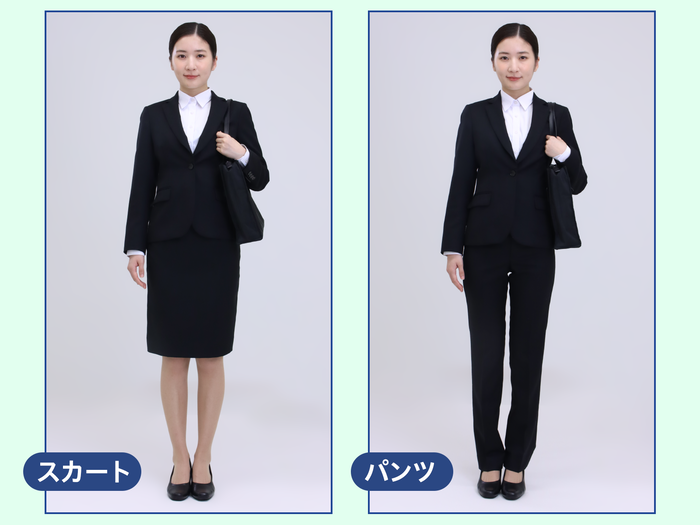 面接や就活イベントに適した基本的なスーツの服装。左がスカート、右がパンツスタイル。